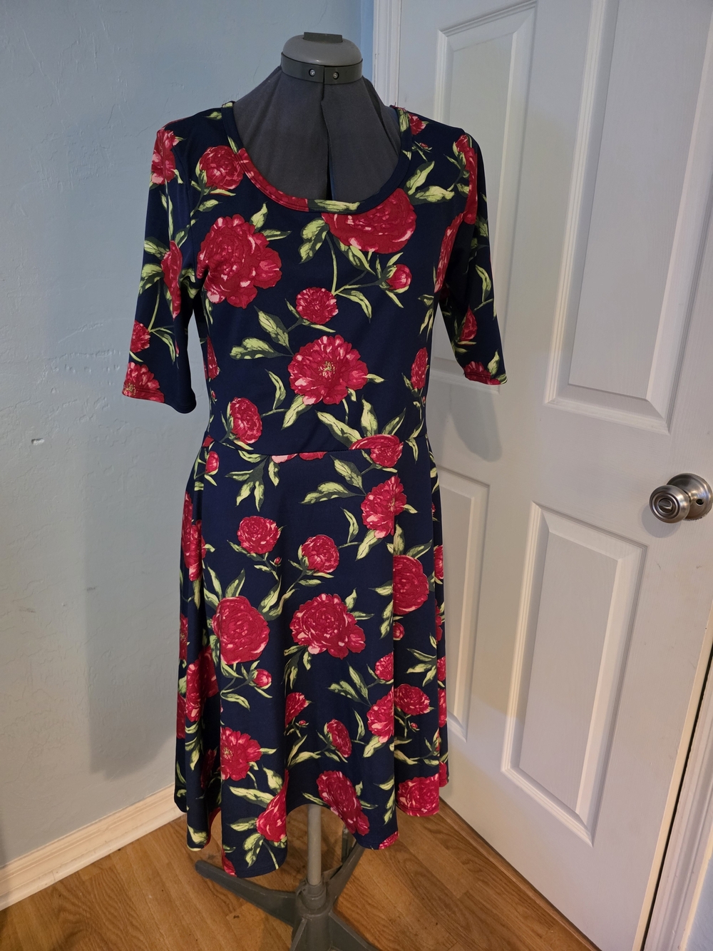 LuLaRoe Navy Nicole Dress with Red Floral Print